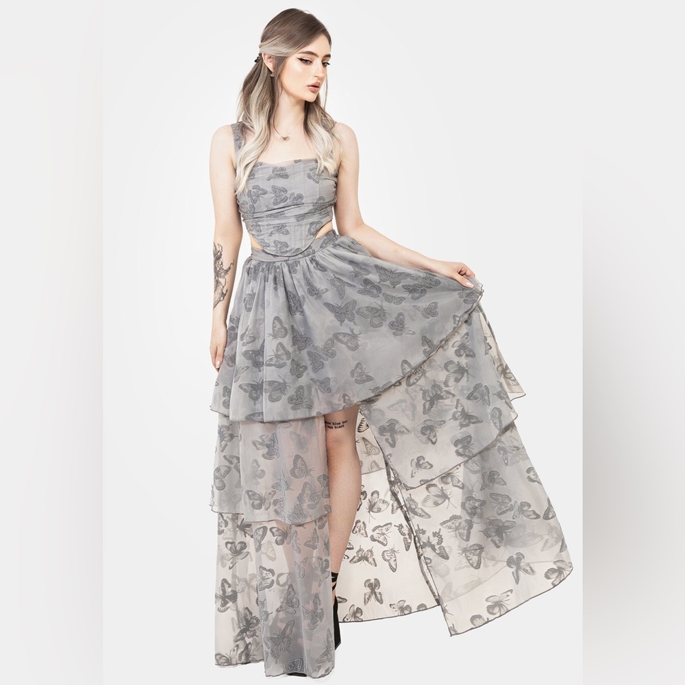 Disturbia Vanessa Butterfly Print Organza Front Split Tiered Maxi Skirt US 10